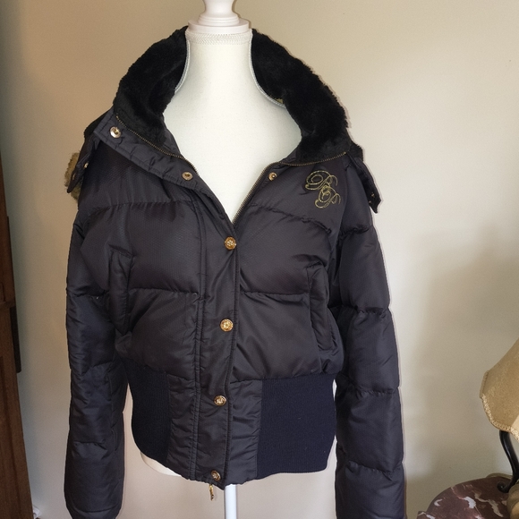 Baby Phat Coat Black XLarge Women's Leopard Lining Down Filled Vintage Y2K - Picture 1 of 14